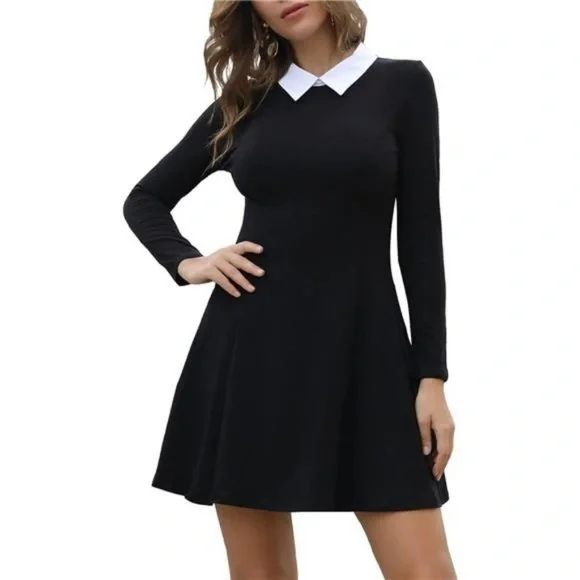 Women's Halloween Black Dress Witch Peter Pan Collar Fit and Flare Skater Dress | Color: Black/White | Size: XXL | Purplelilly02'S Closet